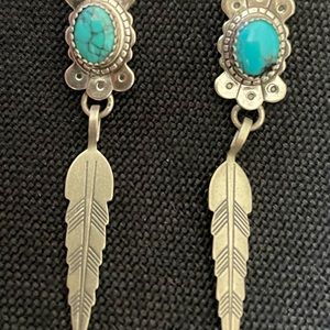 QT signed - oval and feather, turquoise and sterling silver earrings